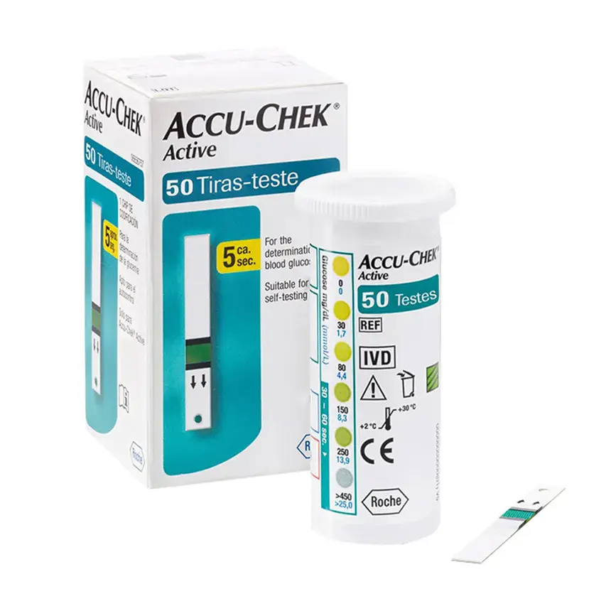 Caixa e frasco de tiras-teste Accu-Chek Active para medição da glicose, acompanhados de uma tira de teste
