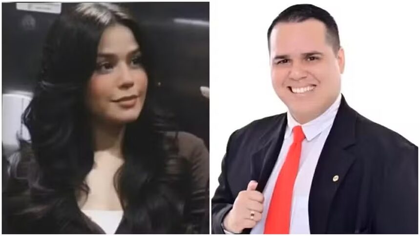 Montagem com fotos de Isabelle Caracristi, à esquerda, e João Munhoz, à direita, vestindo terno preto e gravata vermelha